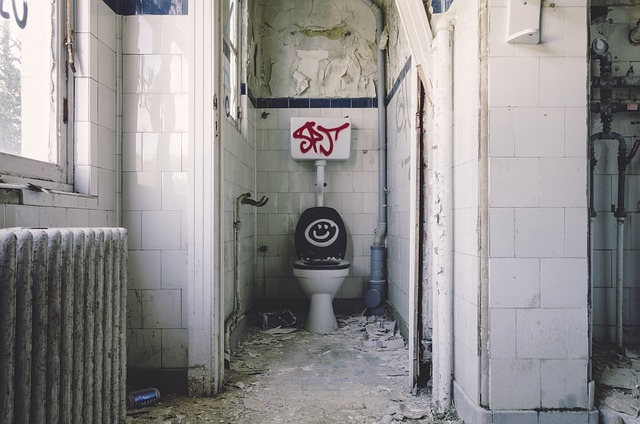 Ein stark verdrecktes Badezimmer: Kaputte Fliesen, heruntergekommene Wände - bei diesem Bad fällt die Überprüfung der Sanitäranlagen leicht.