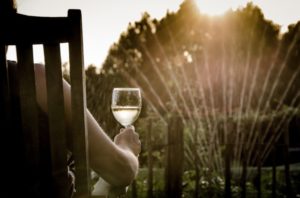 Ein Mensch sitzt mit einem Weinglas in der Hand auf einem Gartenstuhl bei Sonnenuntergang und beobachtet den Rasensprenger.