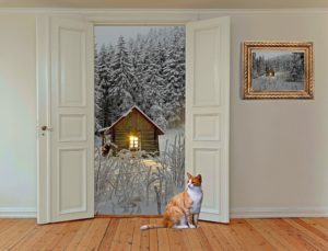 Eine orange-getigerte Katze sitzt auf hellem Holzboden. Durch die geöffnete Tür hinter ihr sieht man eine Schneelandschaft mit einer Holzhütte. An der Wand hängt ein Bild im Goldrahmen.