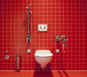 Man blickt direkt auf eine Toilette, bei der links und rechts daneben Haltegriffe an der Wand montiert sind. Der Raum ist komplett in rot gefliest. Die Armaturen sind silber und die Toilettenschüssel sowie der Sitz sind weiß.